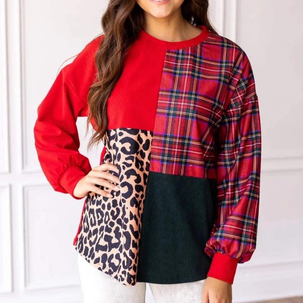 SOUTHERN GRACE | Red Plaid and Animal Print Leopard Corduroy Long Sleeve Top | M